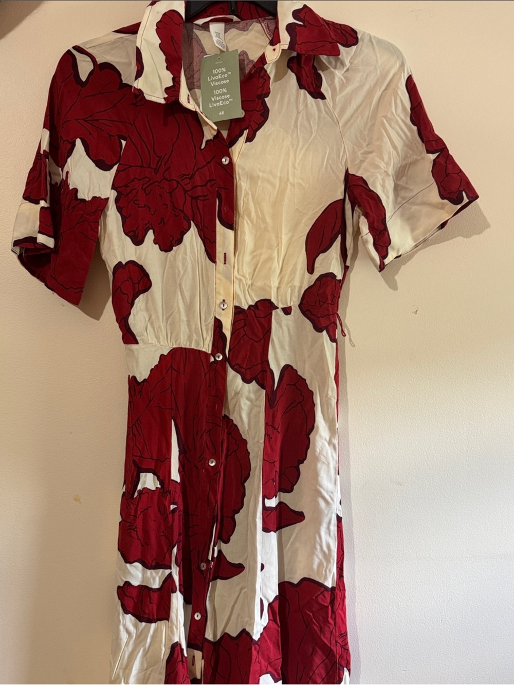 H&M Short Sleeve Button-Front Red Floral Midi Dress